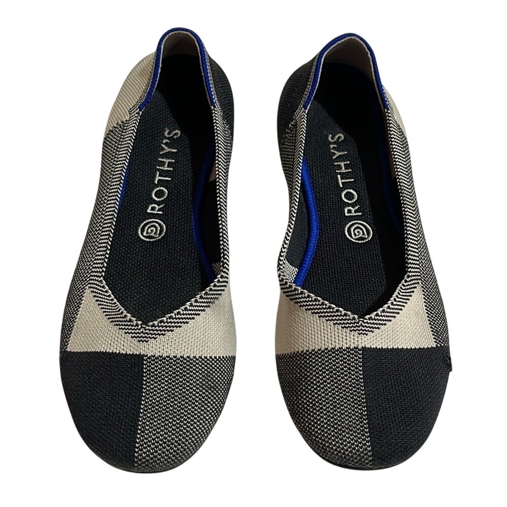 Rothy's Women's Black Cream The Flat Plaid Round‎ Captoe Sz 10 Comfort Flexible